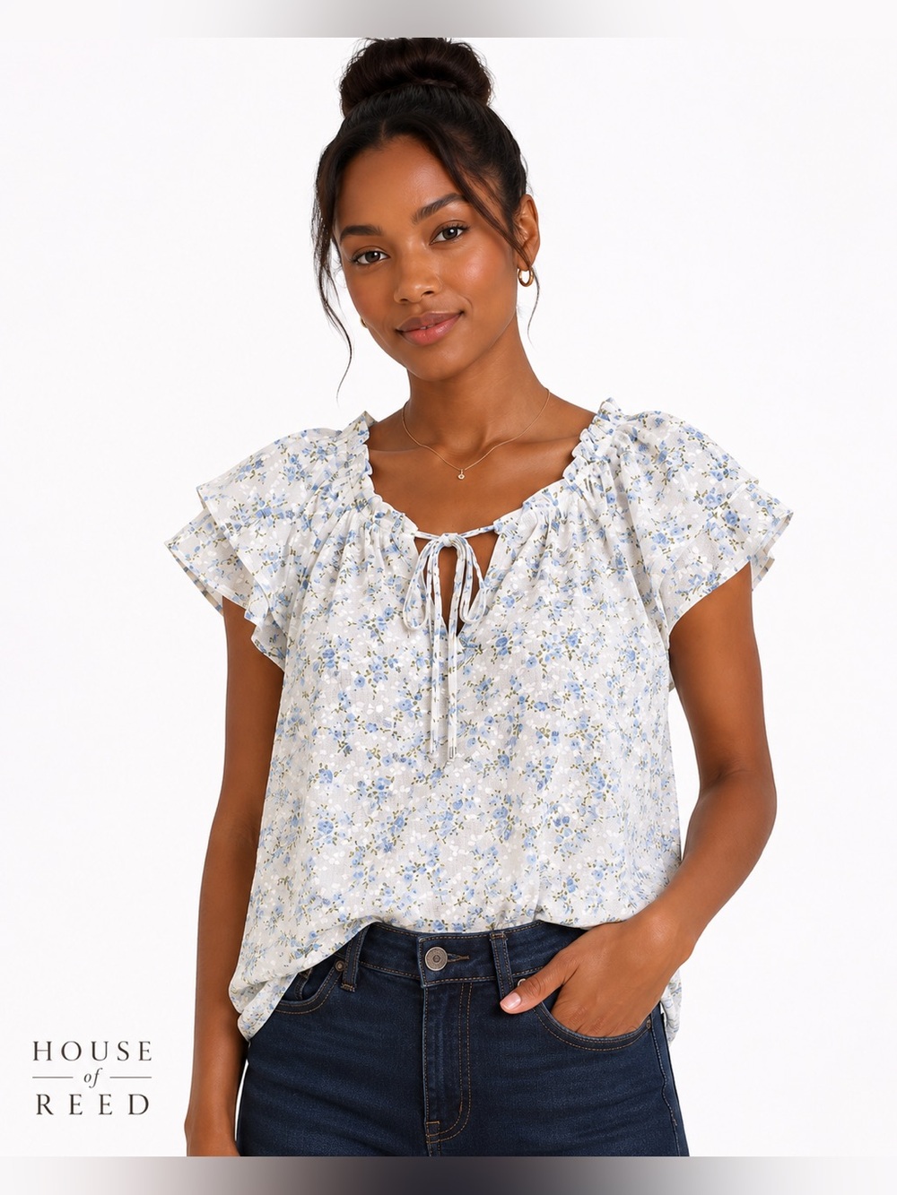 Blu Pepper Blue Floral‎ Peasant Blouse Cottagecore Boho Flutter Sleeve Top